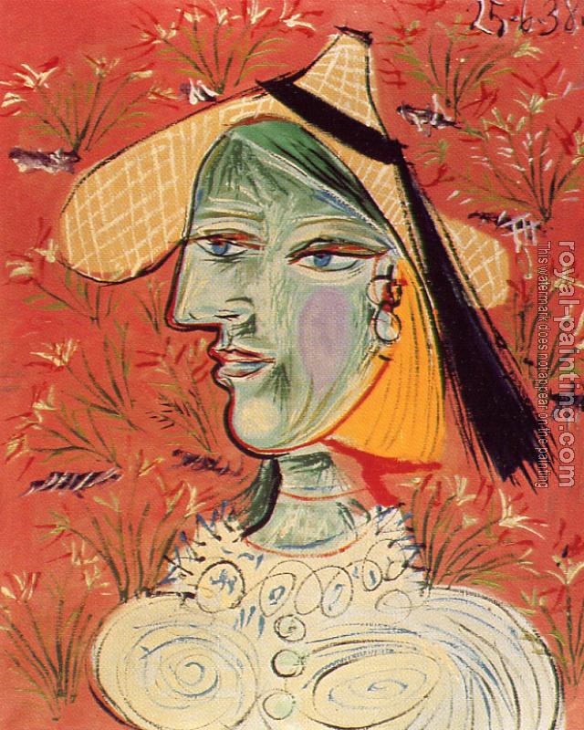 Pablo Picasso : woman in a straw hat against a flowered background